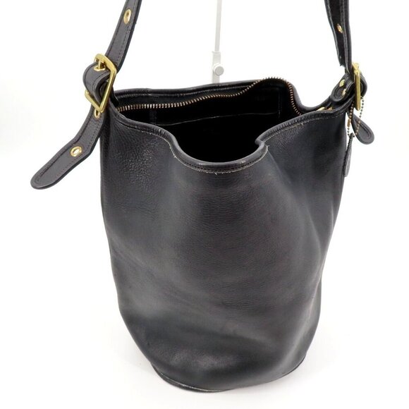 VTG First Class Black Genuine Leather Buckle Strap Bucket Bag Shoulder Handbag - Picture 9 of 13